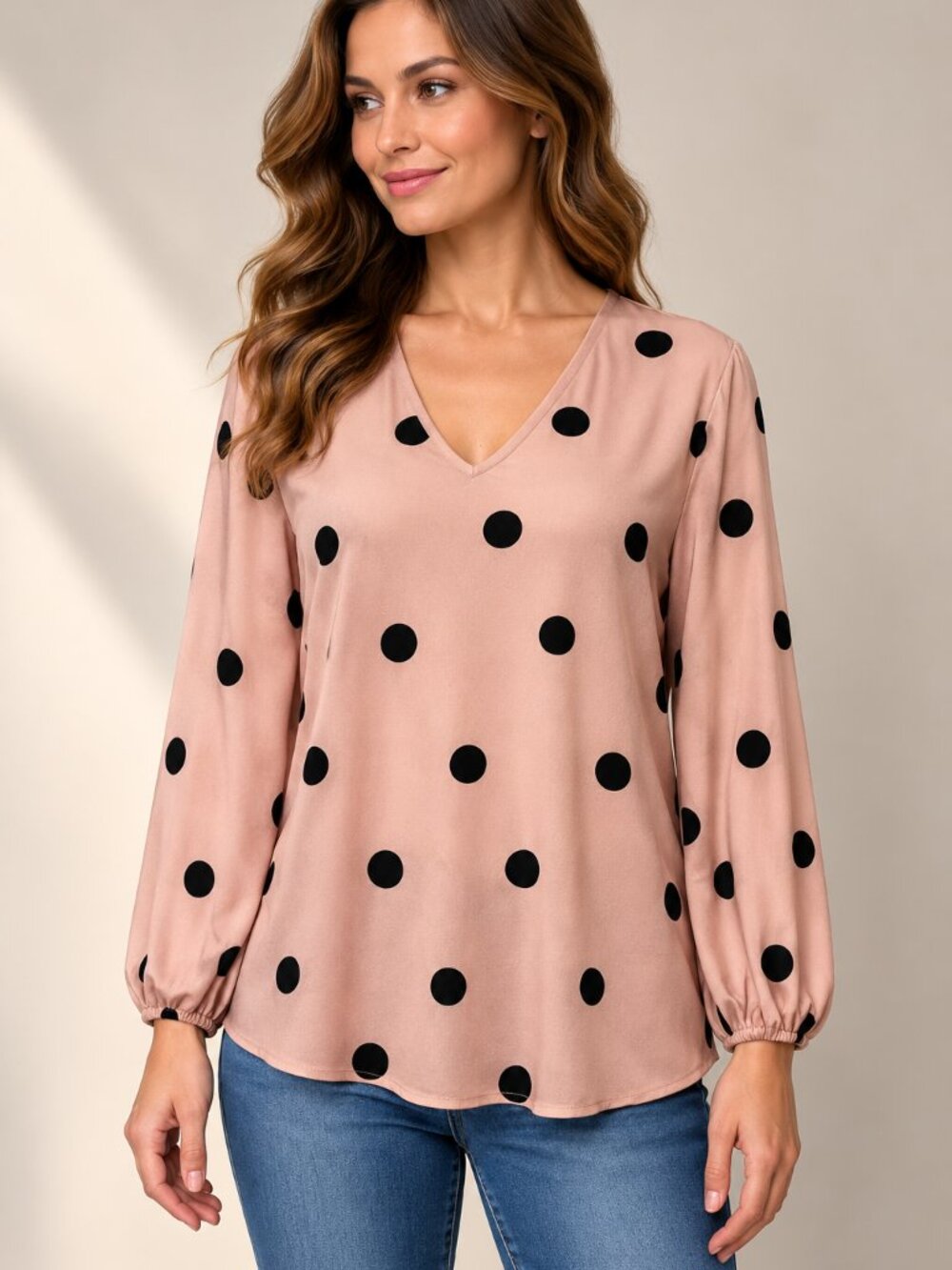 Adrianna Papell Pink Black Polka Dot V Neck Blouse Small Balloon Sleeve